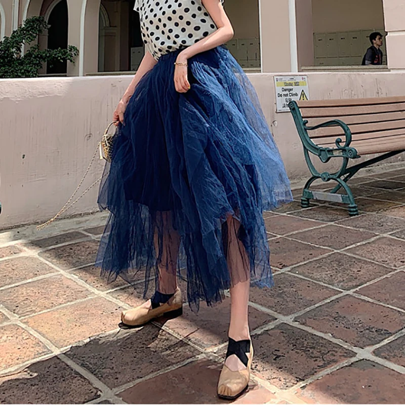

YICIYA Summer Vintage Mesh Long Pleated Tutu Skirts High Waist Layered Elastic Waist Tulle Skirt Korean Style Women Clothes 2019