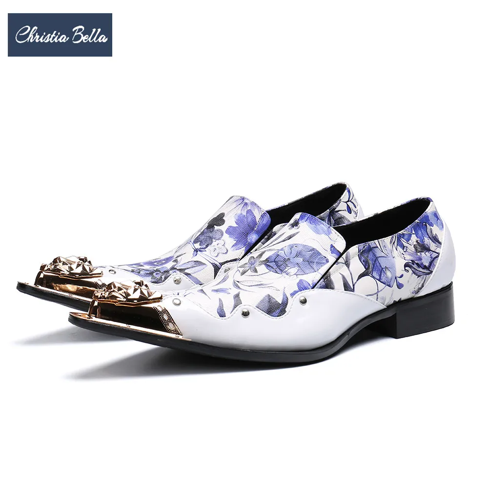 

Christia Bella Designer Floral White Genuine Leather Men Shoes Pointed Toe Wedding Dress Shoes British Business Man Brogue Shoes