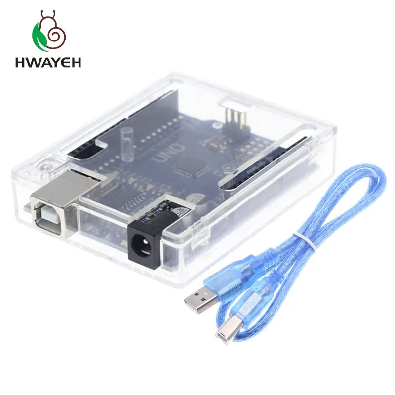 HWAYEH высокое качество один Комплект UNO R3 CH340G+ MEGA328P Чип 16 МГц для Arduino UNO R3 макетная плата+ USB кабель - Цвет: R3 With BOX Cable