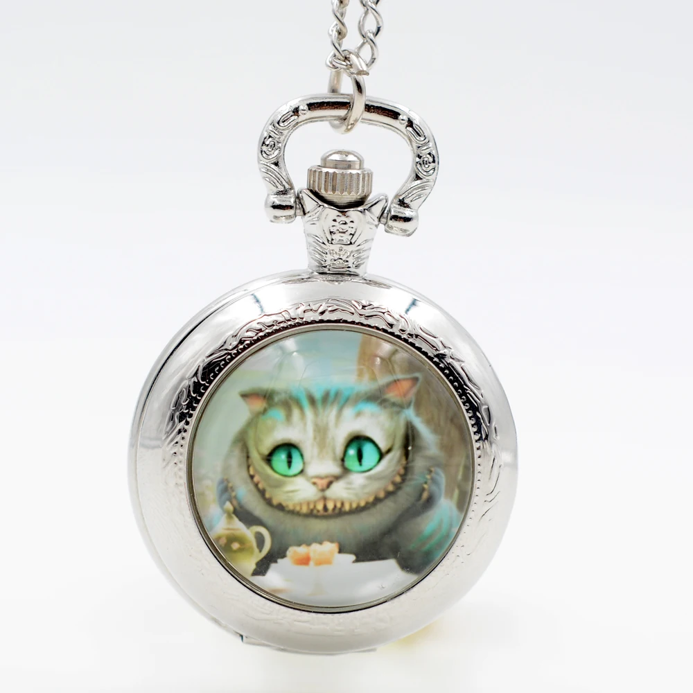 Алиса в стране чудес Чеширский кот кварцевые карманные часы кулон ожерелье мужские часы женские часы подарок для мальчиков и девочек - Цвет: Silver watch