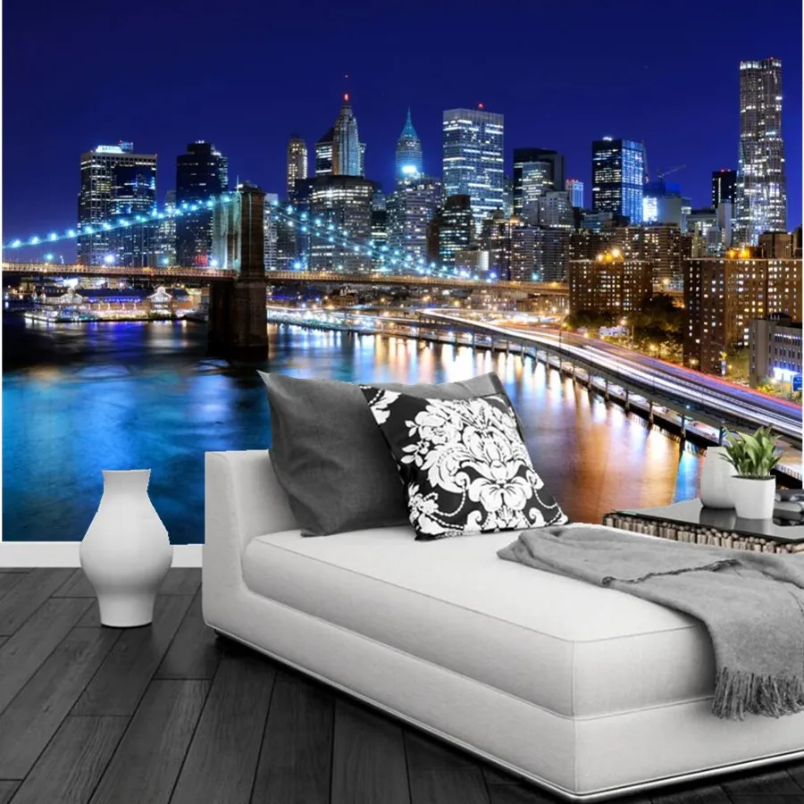 3D wallpaper,New York city beautiful night,building and Bridge under the  colorful light,living room TV wall bedroom large murals - AliExpress