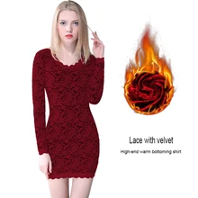 Женские осенние приталенные рубашки с бархатом, плюс размер, сохраняющие тепло, кружевной топ с длинными рукавами, узорчатый Тип для элегантной леди