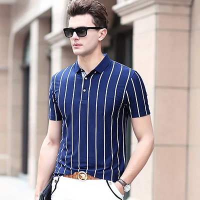 HCXY, высокое качество, летняя мужская рубашка поло с коротким рукавом, мужские рубашки поло, мужские рубашки с вертикальными полосками, коммерческие, умные, повседневные - Цвет: Тёмно-синий