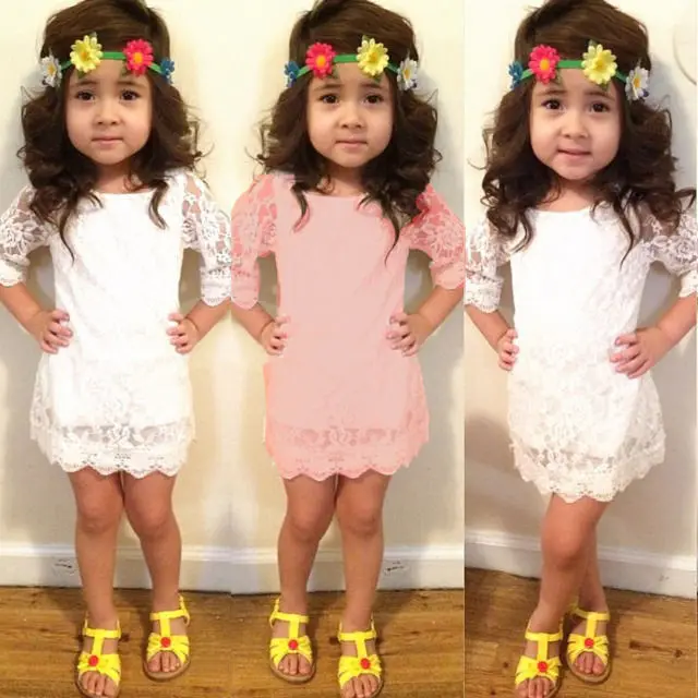 

New Arrival Lace Dresses Girls Kids Princess Long Sleeve Flower Party Tutu Short Mini Dress Pink&White Hot Selling