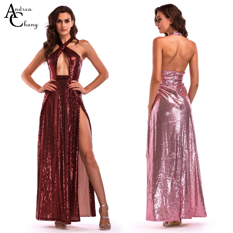 

Spring summer woman dress shiny sequined beading wine red pink dress hollow out chest backless long gown sexy date event dress