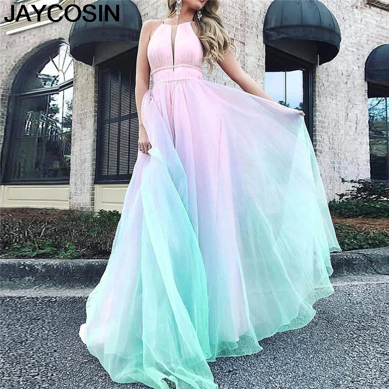 

JAYCOSIN 2019 New Summer Women Dress Gradient Mesh Beach Dress Boho Hanging Neck Party Big Swing Draped Dresses Vestido jy9