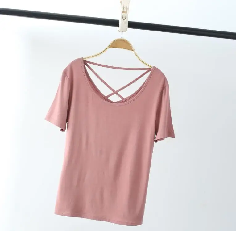 Женская футболка для фитнеса, короткий рукав, открытая спина, тонкие футболки, летние спортивные топы, футболки, ropa mujer - Цвет: Розовый