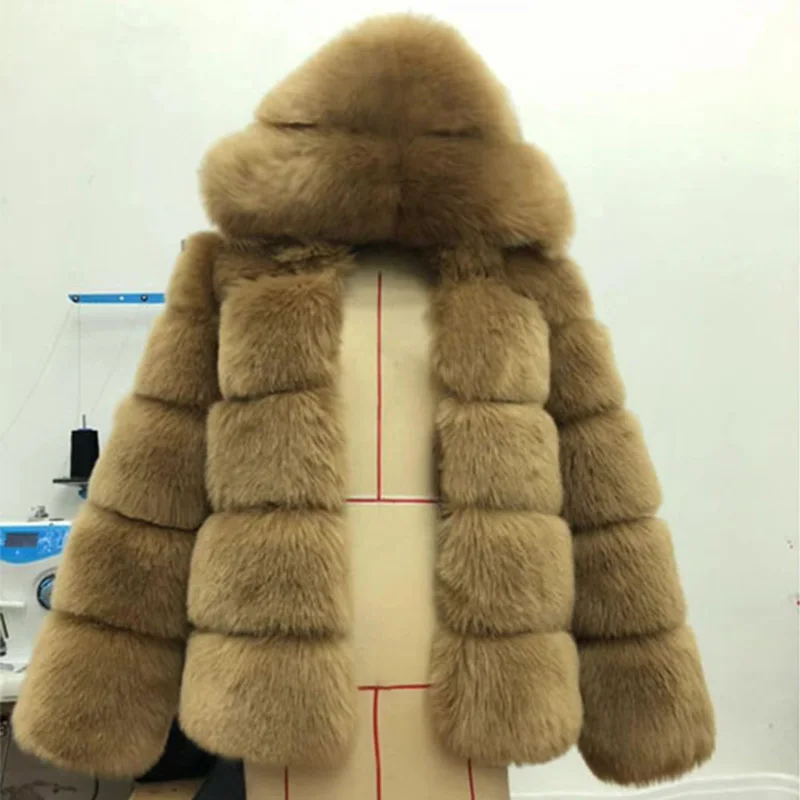 Winter Thick Warm Faux Fur Coat Women Plus Size Hooded Long Sleeve Faux Fur Jacket Luxury Winter Fur Outwear PC313 - Цвет: light camel