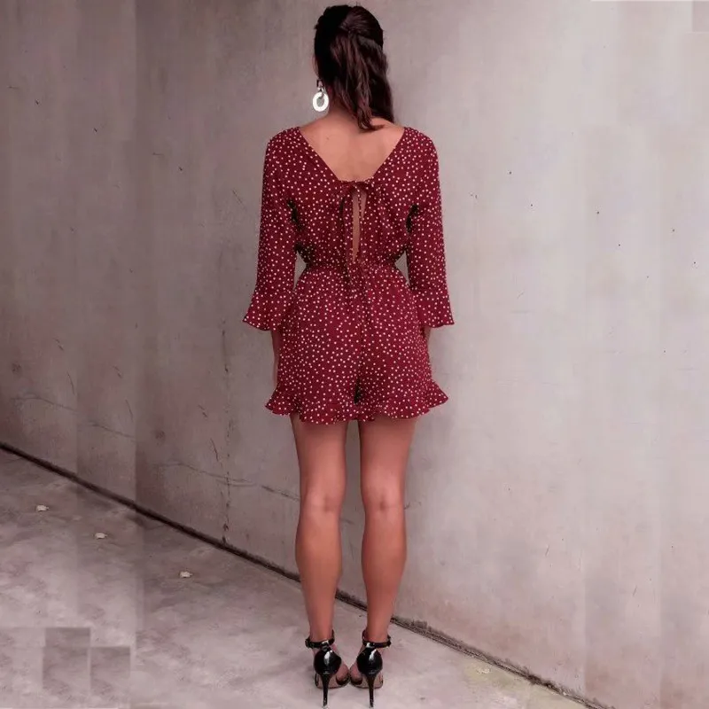 yinlinhe Red Polka Dot Playsuit Women Long Sleeve V neck Sexy Short Jumpsuit Summer Backless Lace Up Bow Boho Elegant Romper 3