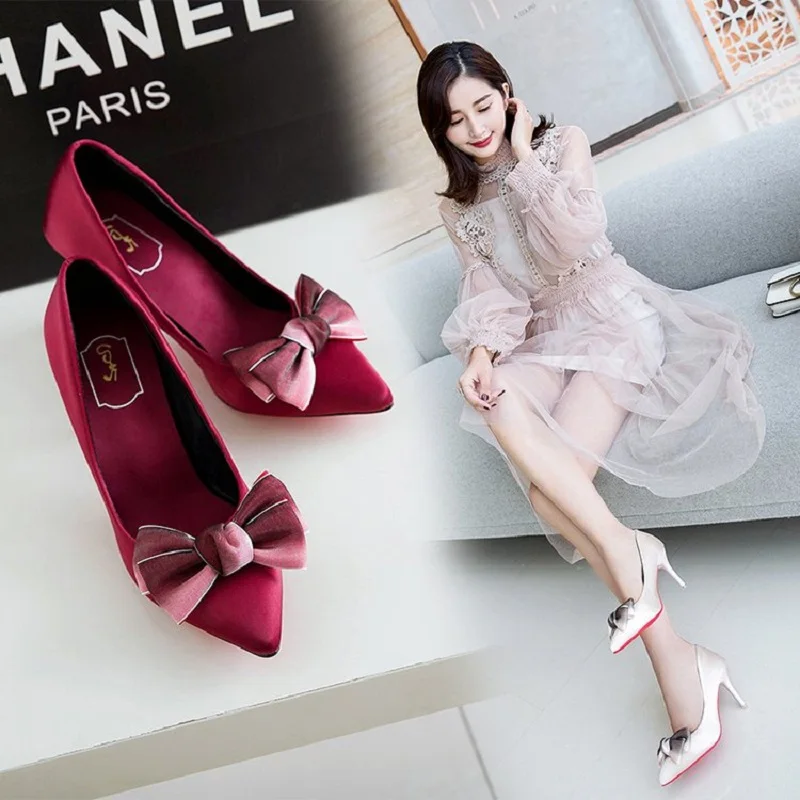 

New small fresh 9CM pointed shallow mouth sweet bow stiletto single shoes fashion sexy comfortable high heels.