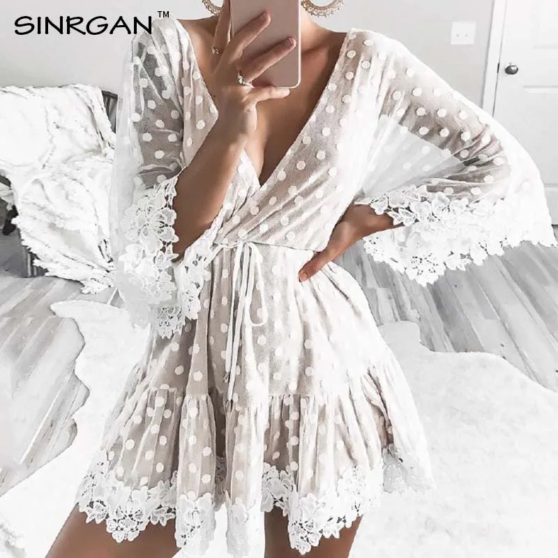 SINRGAN Women Deep V-neck Elastic Waist Lace Dress Female European Style Mesh Patchwork Leaky Back Dress Summer Half Sleeve Robe - Цвет: Розовый