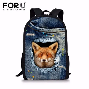 

FORUDESIGNS Denim Fox Backpack for Chidlren Primary Students School Bookbags Elementary Mochilas Animal Rucksack for Teen Girls