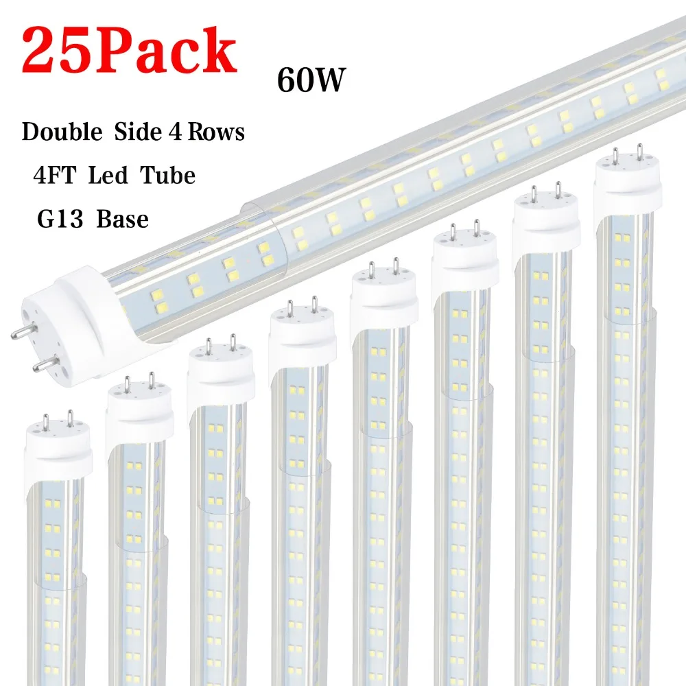 

25 Pack-LED Light Tubes 4FT 60W LED Bulbs Light,288pcs LED Chips, Clear Cover,Flat Triple Row 4 Foot Fluorescent Fixture 6500lm