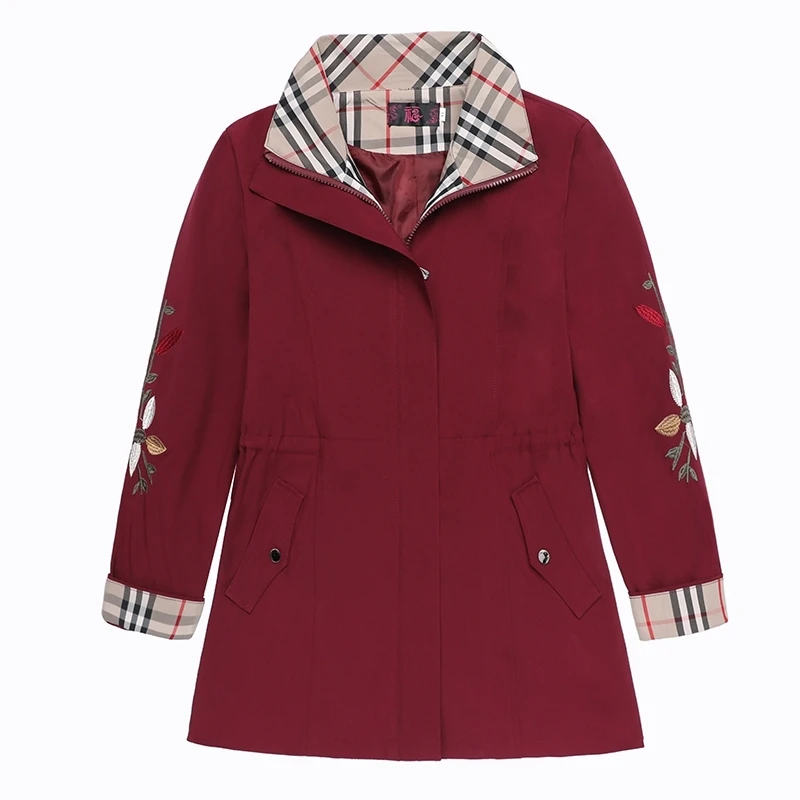 

2019 New Fashion Womens Trench Coats Ladies Turn-down Collar Long Sleeve Embroidery Zipper Windbreaker Plus Size Female Coats