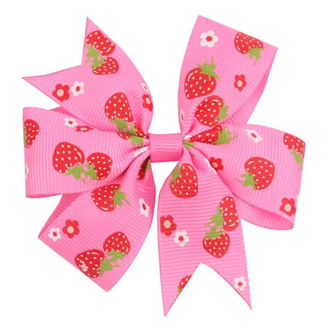 

6pcs Pink Strawberry Bow With Hair Clip For Girls Kids Handmade Metalic Printed Ribbon Knot Jumbo Hair Bow Hair Accessories