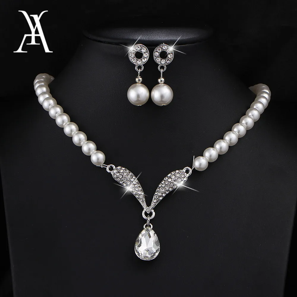 

AY Charm Simulated Pearl Water Drop Crystal Jewelry Sets for Women Pendant Necklaces Earrings Bracelet Bridal Wedding Jewelry