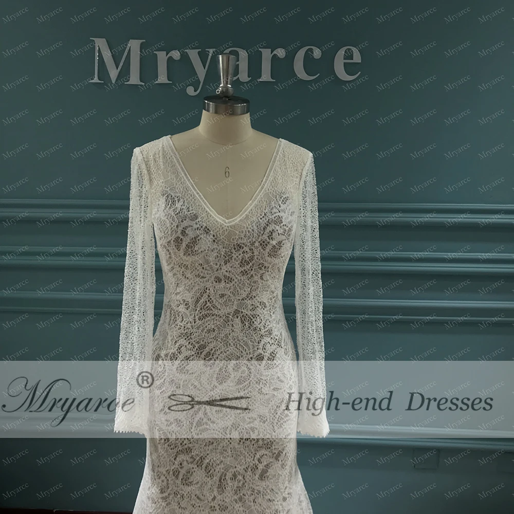 Mryarce 2019 Unique Bride V Neck Open Back Lace Long Sleeves Wedding Dress Front Slit Chic Style Bridal Gowns  (7)