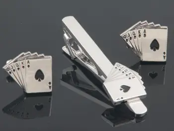 

10sets/lot Silver Poker Card Straight Flush Tie Clip Cufflink Set Copper Cuff Links Tie Pin Bar Set Men's Jewelry Accessory Gift