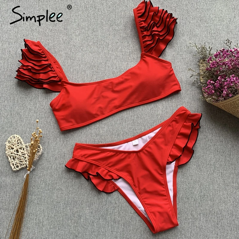 Женский купальник Simplee с рюшами на рукавах,женский красный пуш-ап купальник года, летний стильный многоцветный купальный костюм-бикини - Цвет: red 2 piece