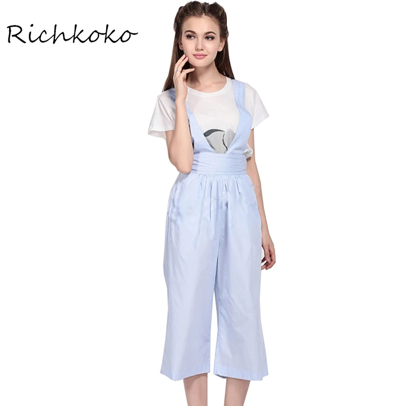 Richkoko Denim Women Cute Preppy Style Pleated Slim Romper Light Blue