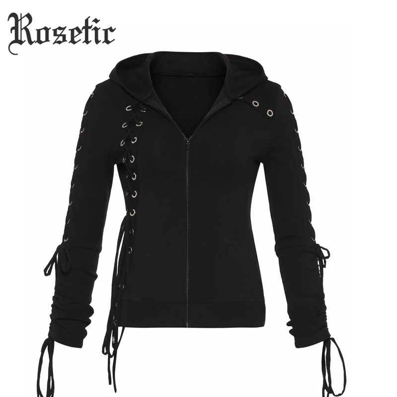

Rosetic Gothic Punk Women Hoodies Black Autumn Female Zipper Hooded Thin Sweatshirt Long Sleeve Lace Up Casual Slim Top outwear
