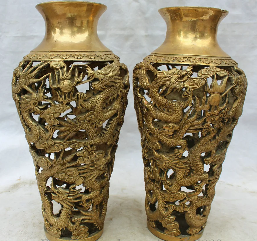 

zhaomeirui38++16" Marked Chinese Dynasty palace Brass dragon blossom flower Bottle Vase Pair statue
