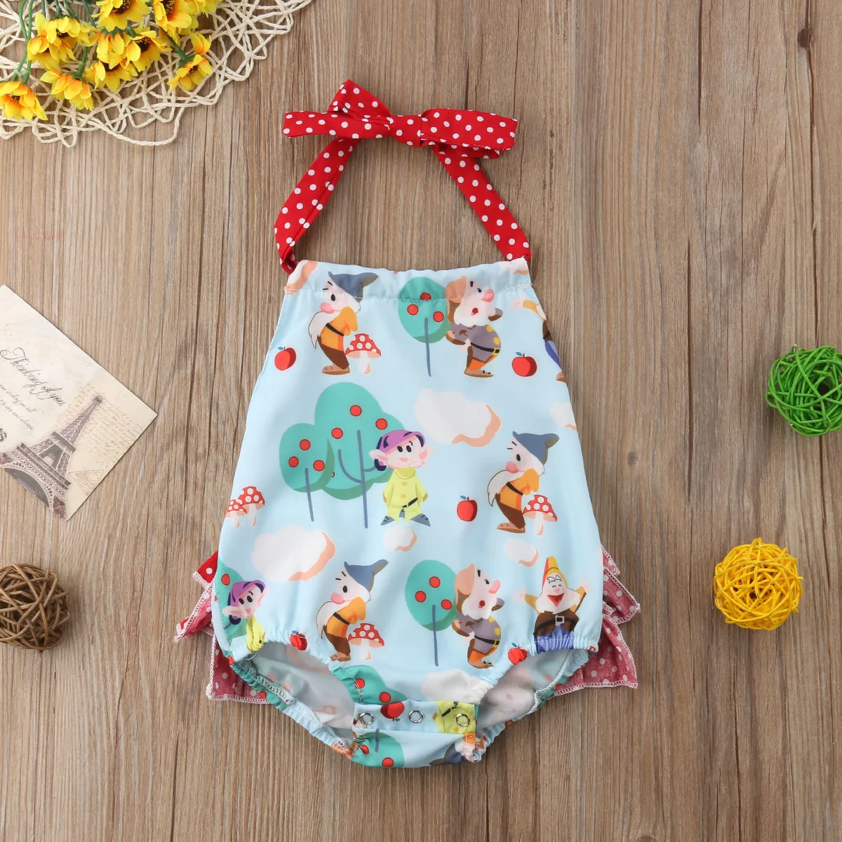 لطيف الوليد طفلة أكمام عارية الذراعين الكرتون زهرة حزام رومبير بذلة ملابس الطفل الملابس