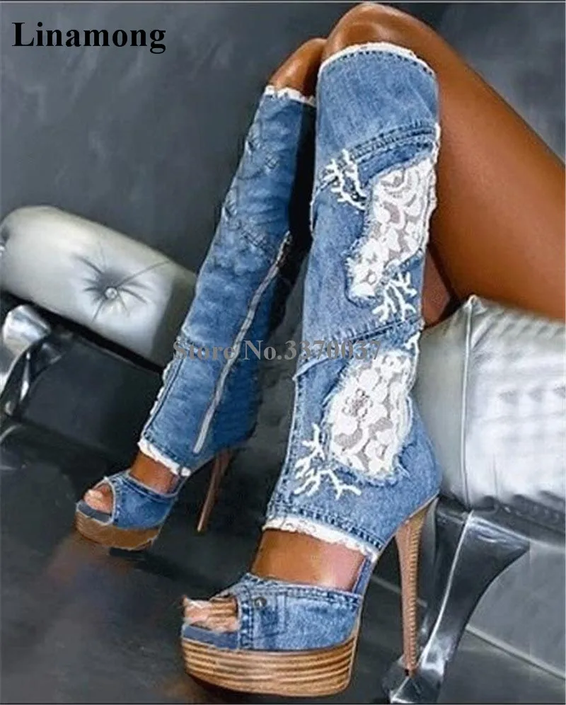 Women Sexy New Fashion Peep Toe Blue Denim Knee High Thin Heel ...