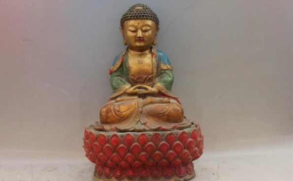 

Collectible bronze lion statue S1188 China Old Copper Bronze Color Painted Tathagata Sakyamuni Amitabha Buddha Statue
