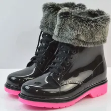 Fashion winter lady rain boots Rubber women Martin boots Lace-Up water shoes students warm rain shoes
