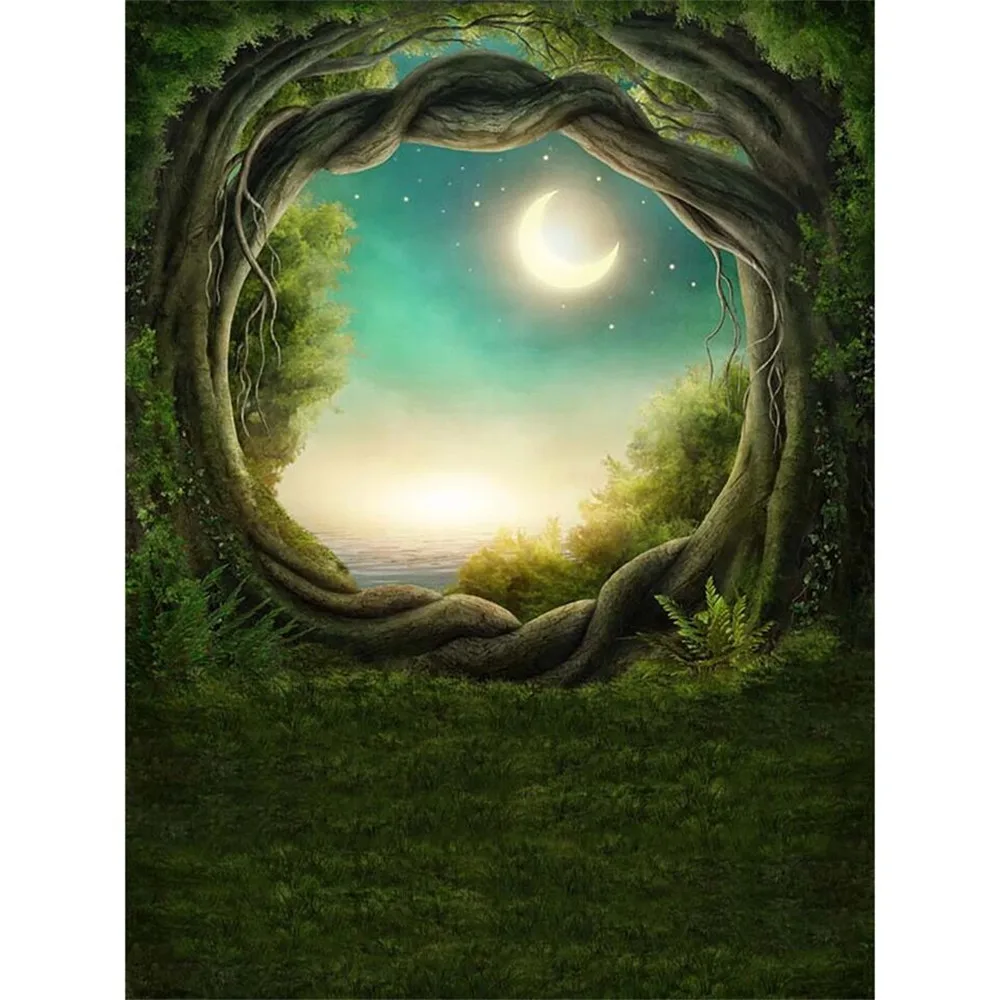 Сказочный лес джунгли вечерние фон фотография Дерево ствол вход луна звезды дети фото фоны зеленая трава пол