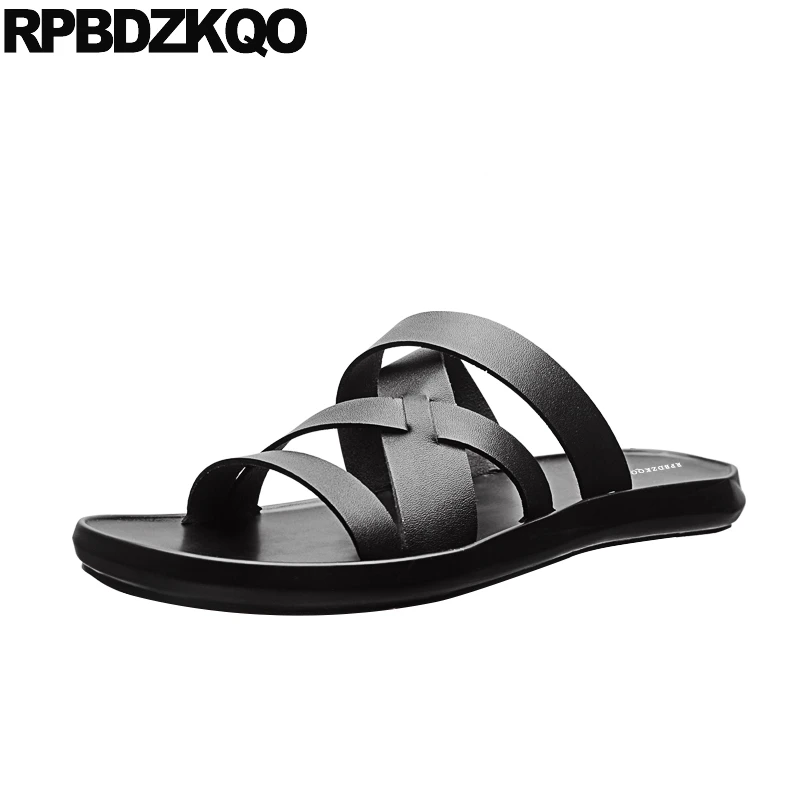 

slip on slippers slides shoes men sandals leather summer water gladiator strap flat roman waterproof breathable italian black