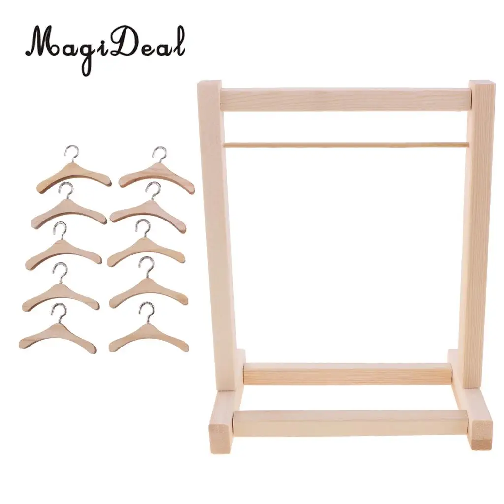 DIY Assembled Wooden Clothes Hanging Shelf&10 Pieces Clothes Hook Hanger for 12 Inch Dolls Dollhouse Bedroom Accs Decor