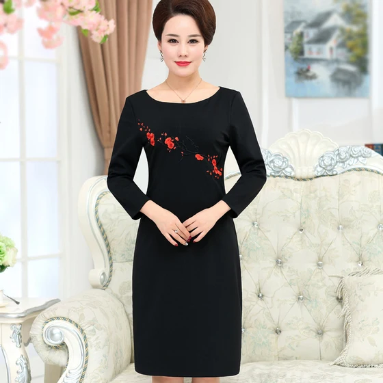 

Free Shipping New Wedding Mom Fashion Dress Long Sleeved Mother Mid Old Aged Women Clothing Plus Size Slim Dresses