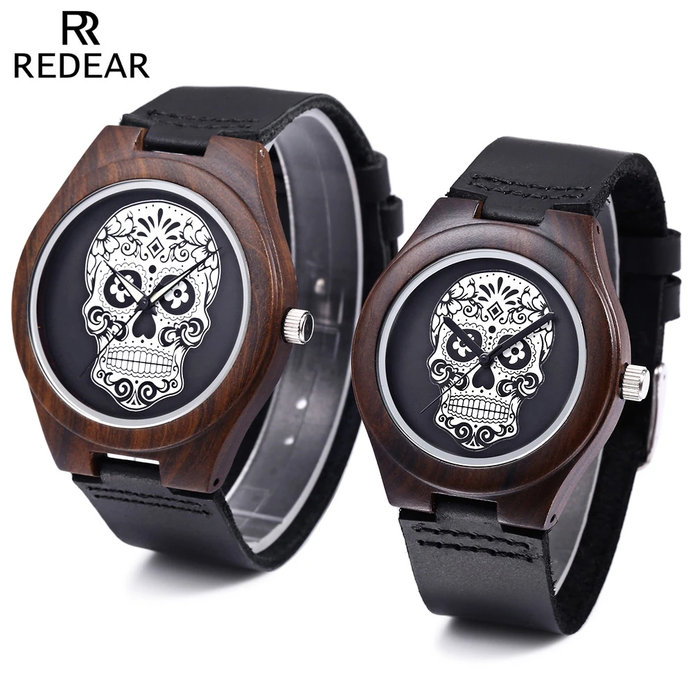 

REDEAR Couple Quartz Watch Imported Movt Skull Pattern Dial Wooden Case Wristwatch