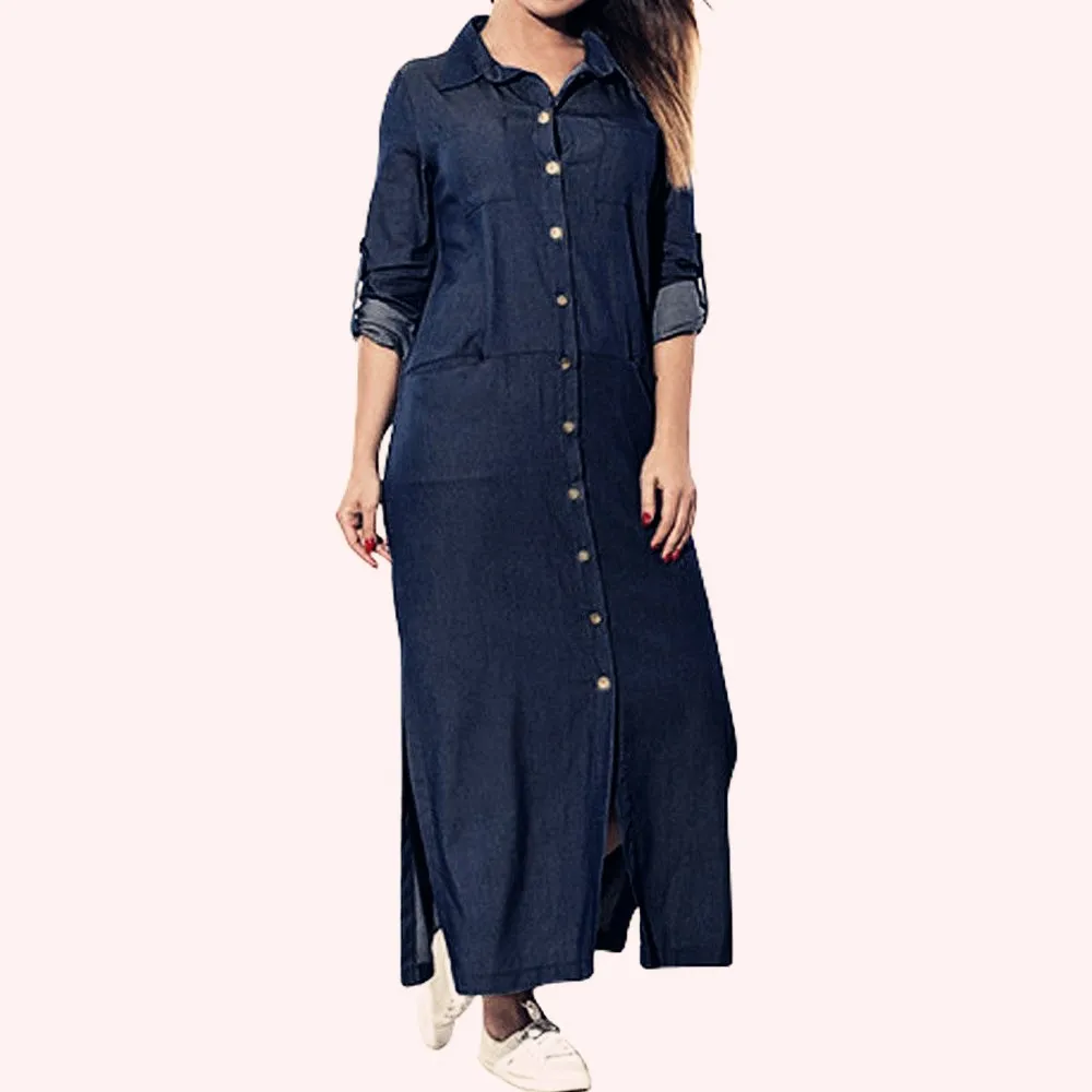 

Women Autumn Denim Maxi Dress S-5XL Women 2019 Sexy Turn-down Collar Long Sleeve Pockets large size Dresses Vestidos