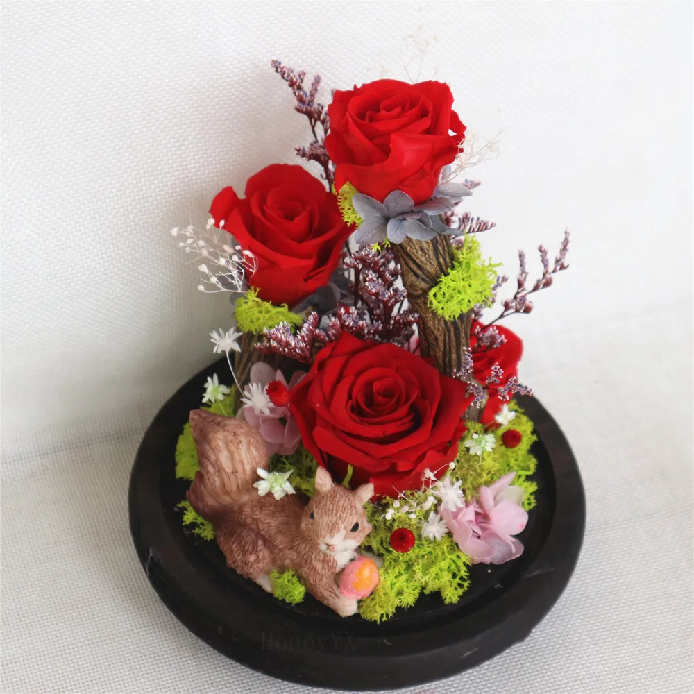 Red Rose Cute Artificial Squirrel Preserved Rose Forever Rose