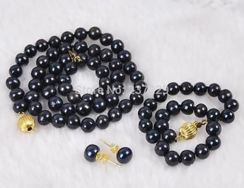 

Wholesale price FREE SHIPPING a^7-8mm Black Akoya Cultured Pearl Necklace Bracelet Earrings Set (A0423)