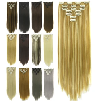 Soowee 24inch 7pcs/set 16Clips Full Head Straight Synthetic Hairpieces Heat Resistant Black to Grey Ombre Clip in Hair Extension 5