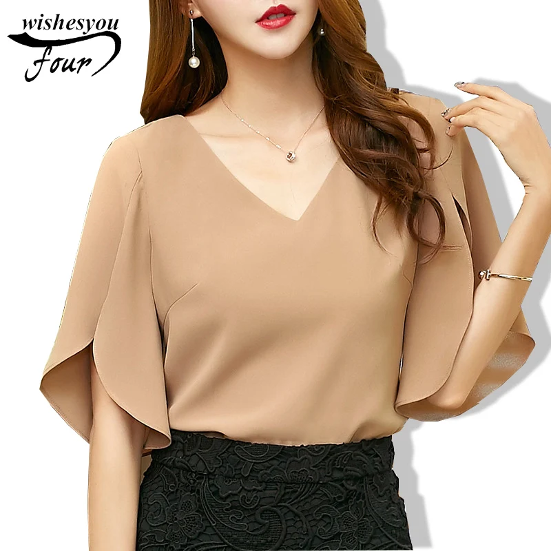 

2017 Summer New Fashion Short Butterfly Sleeved Women Chiffon Shirt Korean Women's Sexy V-neck Loose Plus Size Blouse 900C 30
