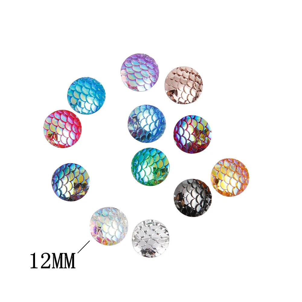 

50pcs 12mm round fish Center Button DIY Headband scale resin mermaid cabochon flat back thickness 3mm