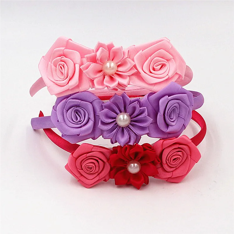 Cute Solid Color Pearl flower Hairbands Hair hoop Kids popular rose  Headband Princess Headwear Head hoop Girls Hair Accessories