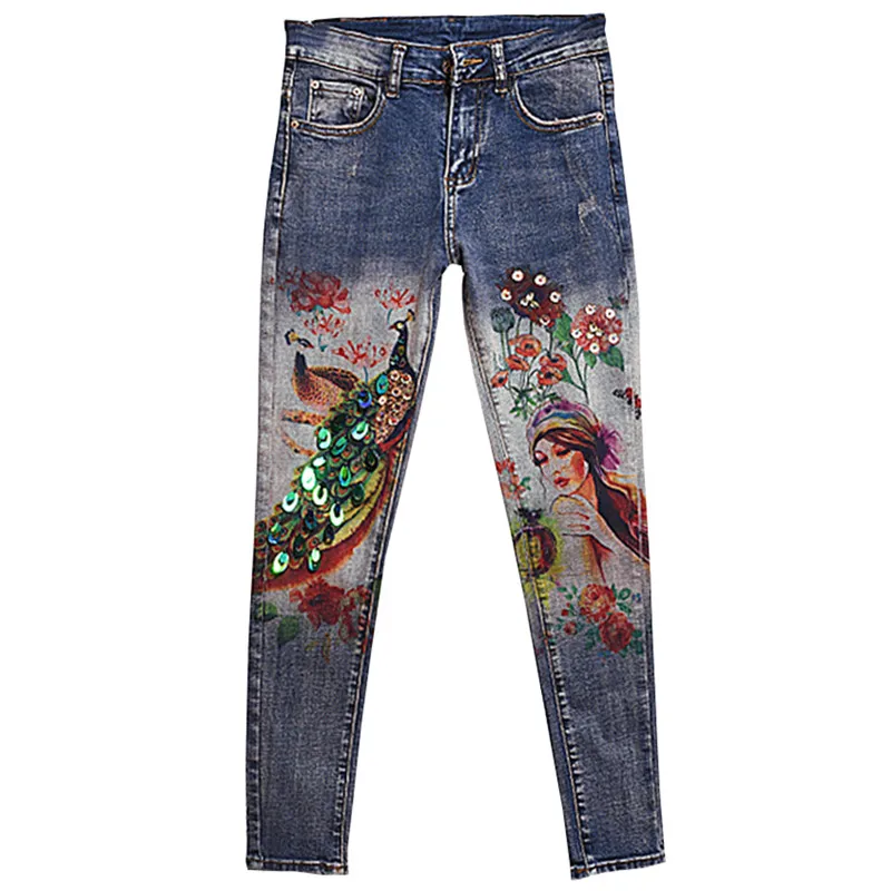 

Peacock Pattern 3D Print Painted Women's Stretch Skinny Jeans Fashion Bronzing Boyfriend Women Female Pencil Pants Vintage
