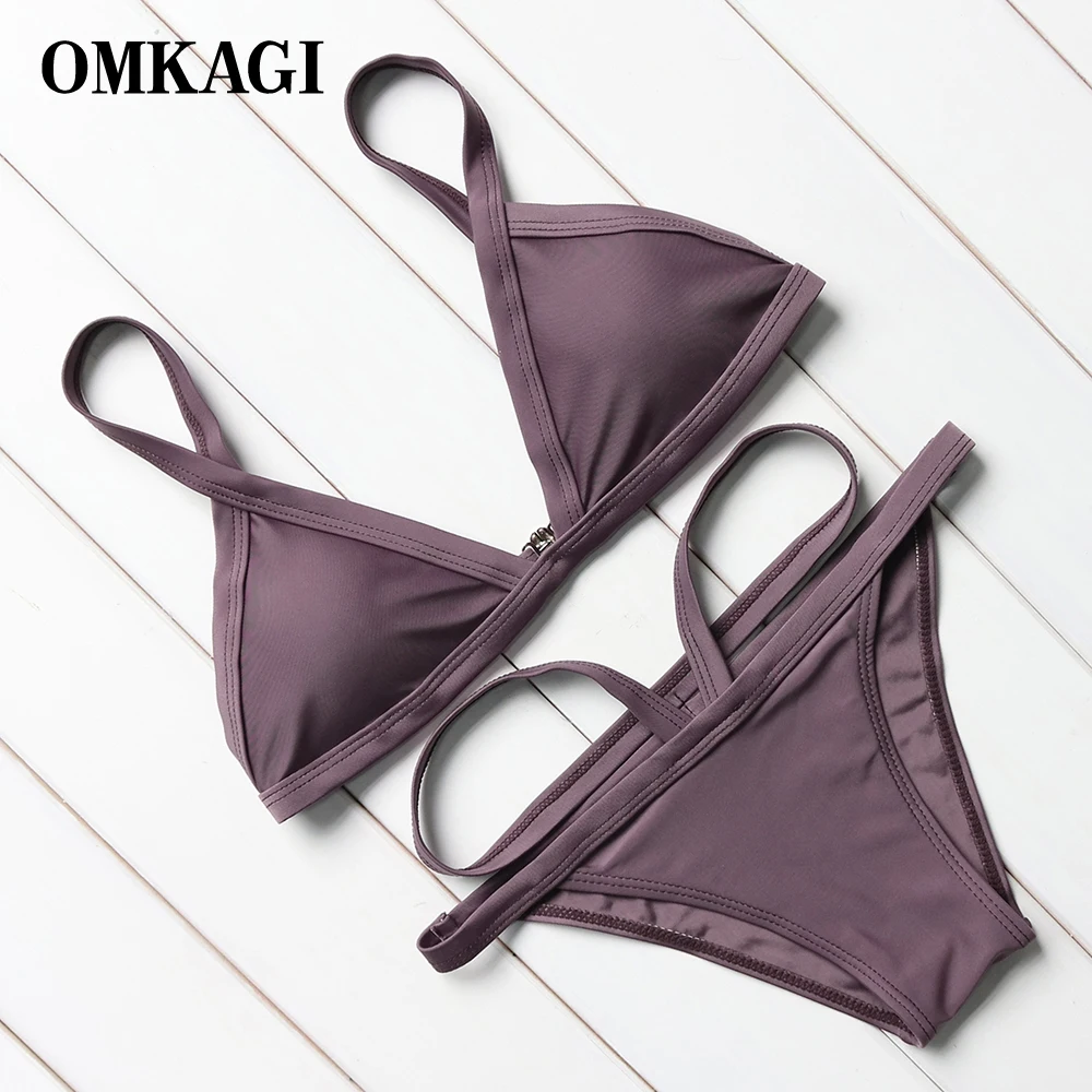 OMKAGI Sexy Bikini Women 2017 Solid Bikinis Set Summer Halter Bandage Bathing Suit Low Waist Swimsuit