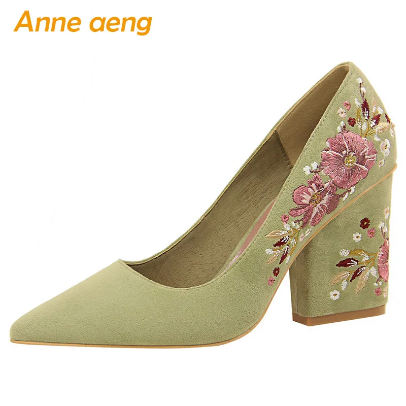 

2019 New Spring/Autummn Women Pumps High Square Heel Pointed Toe Embroider Fashion Sexy Ladies Women Shoes Green Female Pumps