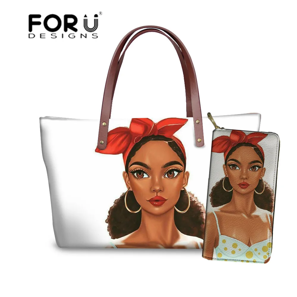 FORUDESIGNS/Сумка-тоут для женщин, Африканский Американский черный дизайн, женские дизайнерские сумки для девочек, 2 шт., ручная сумка и кошелек, пляжная сумка Bolsa Feminina - Color: YQ4091ALZ21