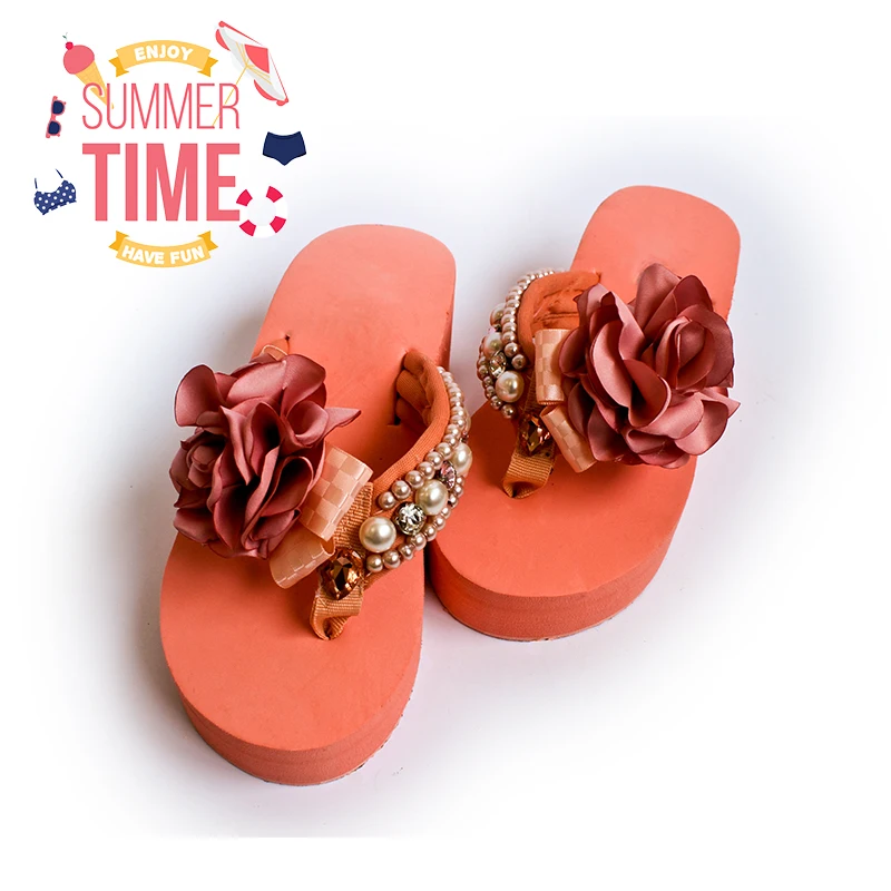 

2019 Women Fashion DIY sweet Flip flops with string bead floral wedge sandals for casual and beach attire Slippers