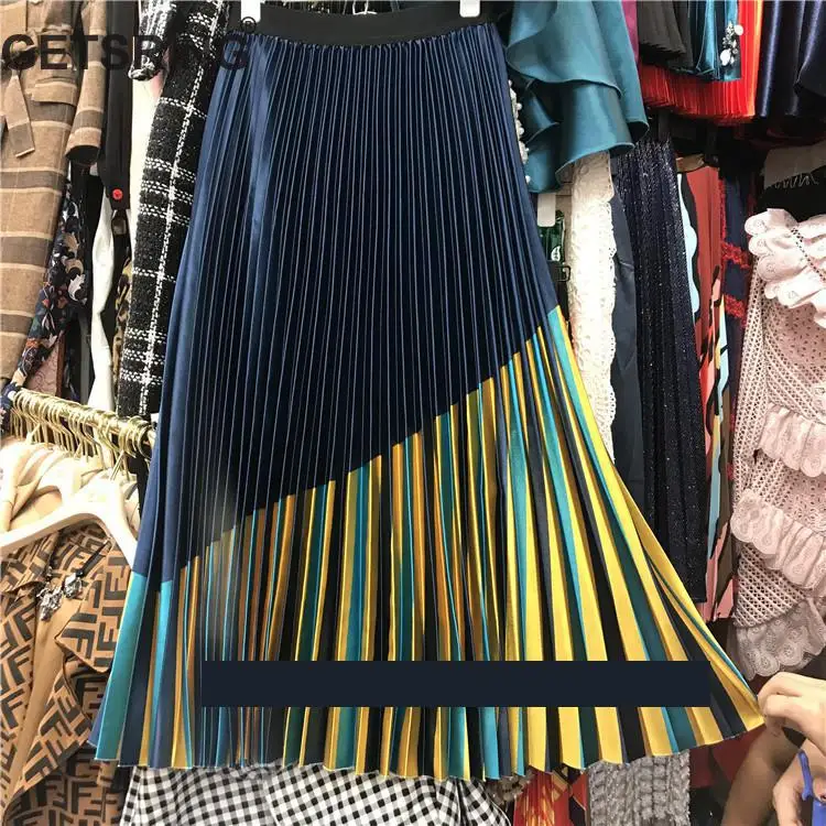 

GETSRING Woman Skirts Irregular Color Matching High Waist Pleated Skirt Asymmetry Color Matching Wild Long Skirt Womens 2019 New