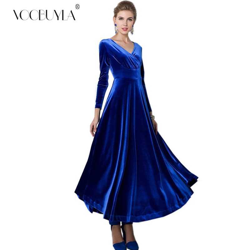 

Voobuyla Autumn Spring Long Sleeve Velvet Solid Women dresses Plus size 3XL European Style Elegant V-neck velvet Woman dresses