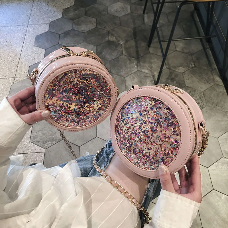 

Female Round Crossbody Bags For Women 2019 High Quality Leather Luxury Handbag Designer Sac Ladies Sequin Shoulder Messenger Bag